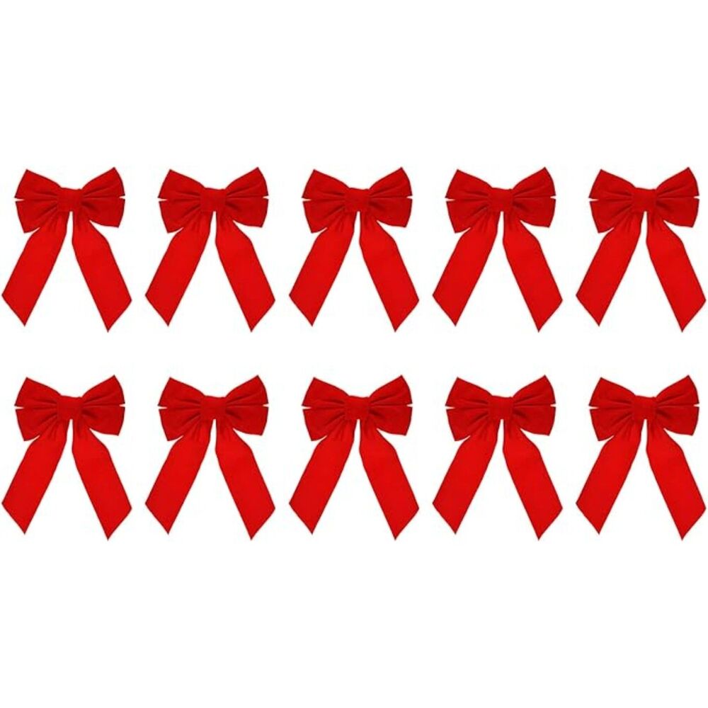 Set of 10 Red Velvet Christmas Wreath Bows, 9"x13"